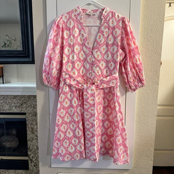 Marea Pink White Ikat Print Short Puff Sleeve Collette Shortie Dress Size Small - Picture 6 of 11